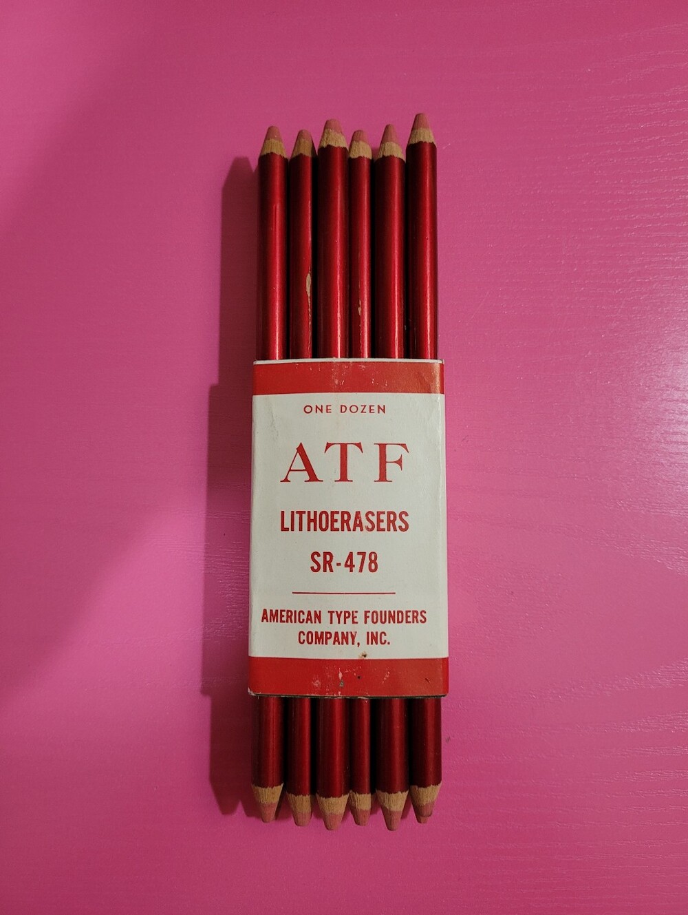 VTG ATF Red Litho Eraser Pencils SR-478 American Type Founders One Dozen (1628)